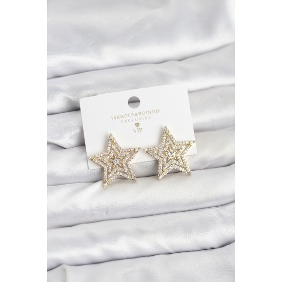 Gold Renk Pirinç Zirkon Taşlı Yıldız Model Kadın Küpe - TJ-BKP11514