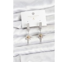 Zirkon Taşlı Gümüş Renk Pirinç Kutup Yıldızı Model Kadın Küpe - TJ-BKP11515