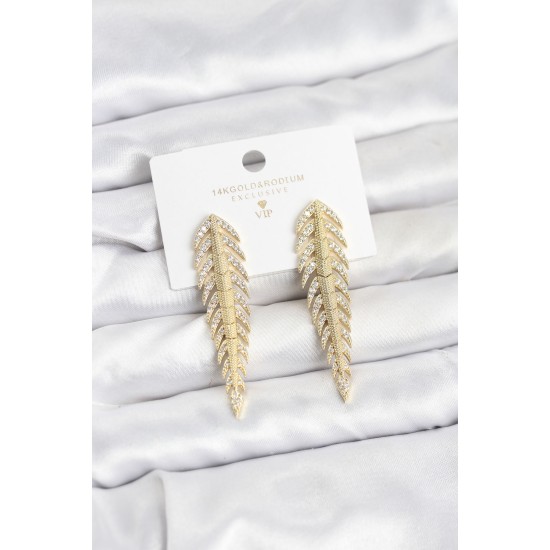 Pirinç Gold Renk Balık Sırtı Model Zirkon Taşlı Kadın Küpe - TJ-BKP11516