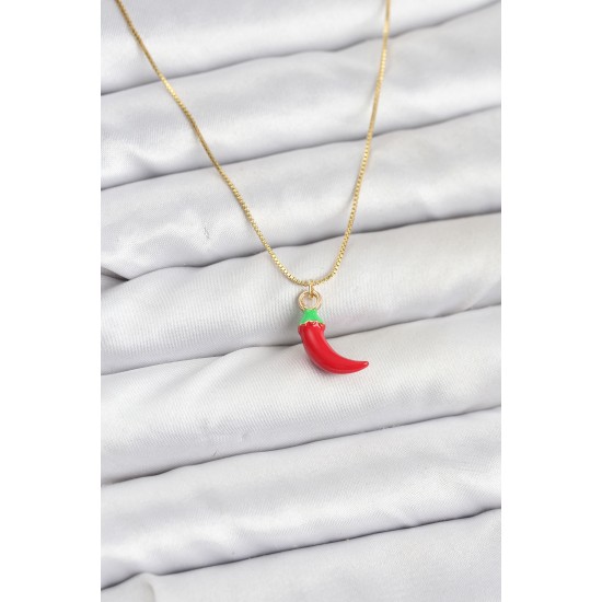 Pirinç Gold Renk Kırmızı Kapya Biber Model Kadın Kolye - TJ-BKO10813