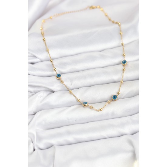 316L Çelik Gold Renk Nazarlı ve Topçuklu Model Kadın Kolye - TJ-BKO10814