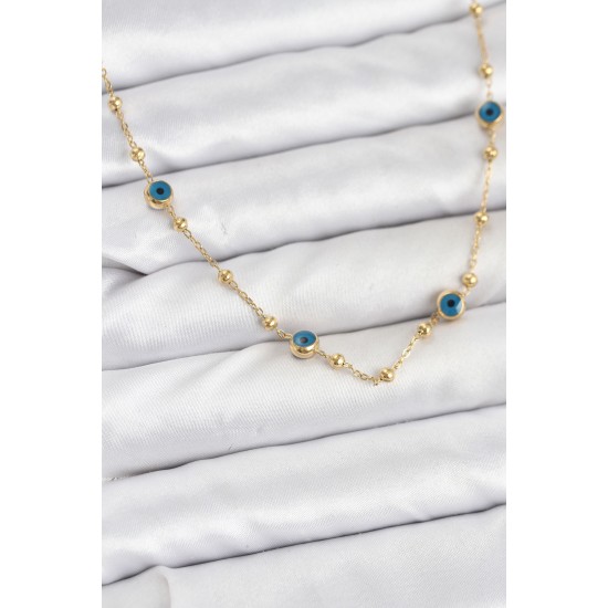 316L Çelik Gold Renk Nazarlı ve Topçuklu Model Kadın Kolye - TJ-BKO10814