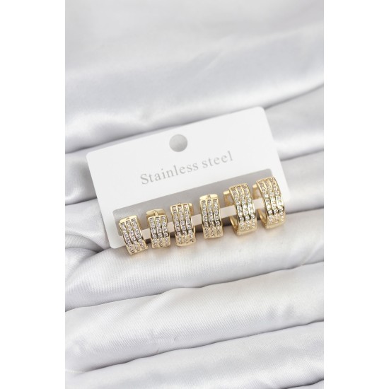 316L Çelik Zirkon Taşlı Gold Halka Küpe Seti - TJ-BKP11518