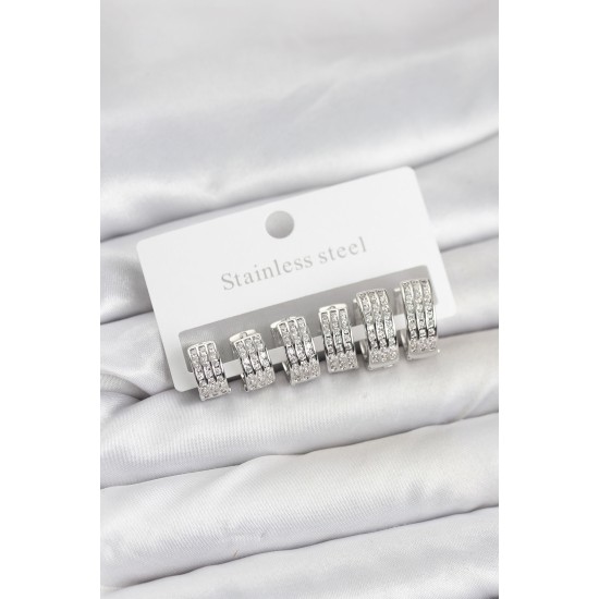 316L Çelik Zirkon Taşlı Gümüş Renk Halka Küpe Seti - TJ-BKP11519