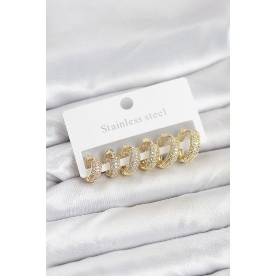 316L Çelik Gold Renk Zirkon Taşlı Halka Küpe Seti - TJ-BKP11520