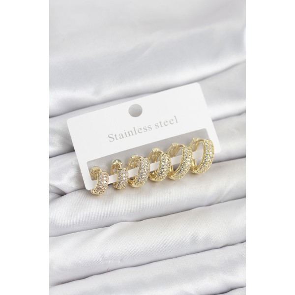 316L Çelik Gold Renk Zirkon Taşlı Halka Küpe Seti - TJ-BKP11520
