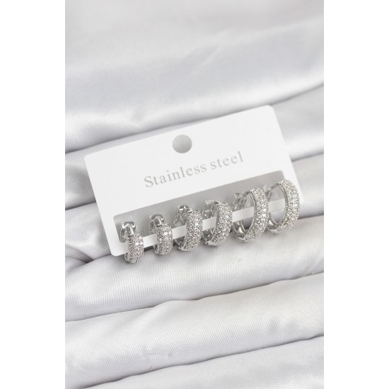 316L Çelik Gümüş Renk Zirkon Taşlı Halka Küpe Seti - TJ-BKP11521