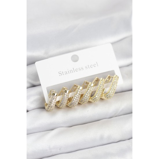 316L Çelik Gold Renk Zirkon Taşlı Damla Halka Küpe Seti - TJ-BKP11524