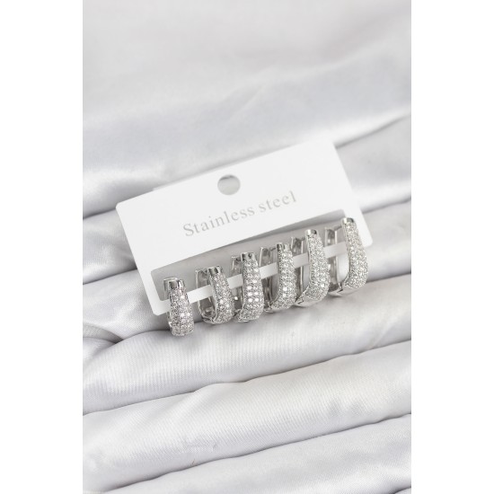316L Çelik Gümüş Renk Zirkon Taşlı Damla Halka Küpe Seti - TJ-BKP11525