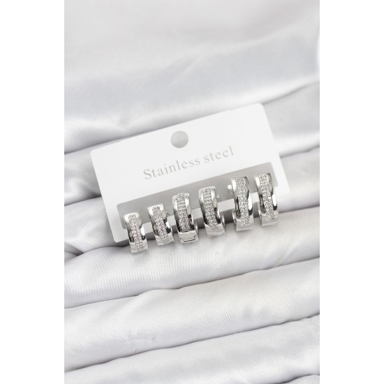 316L Çelik Gümüş Renk Zirkon Taşlı Halka Küpe Seti - TJ-BKP11527