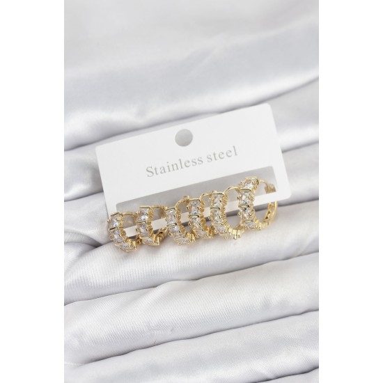 316L Çelik Gold Renk Baget Zirkon Taşlı Halka Küpe Seti - TJ-BKP11528