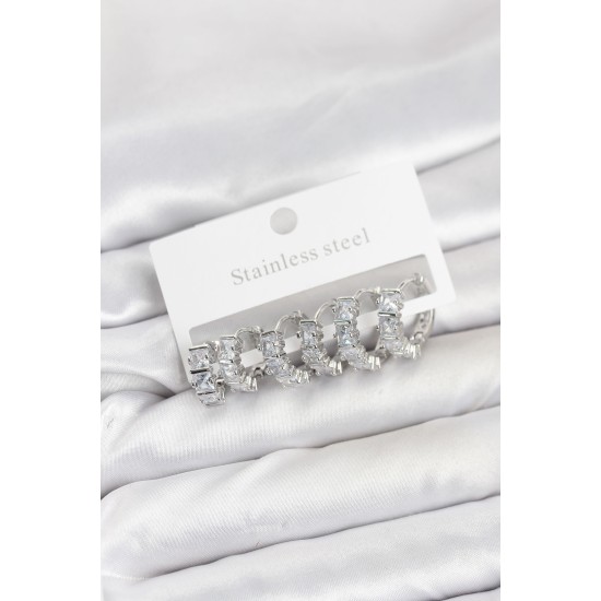 316L Çelik Gümüş Renk Baget Zirkon Taşlı Halka Küpe Seti - TJ-BKP11529