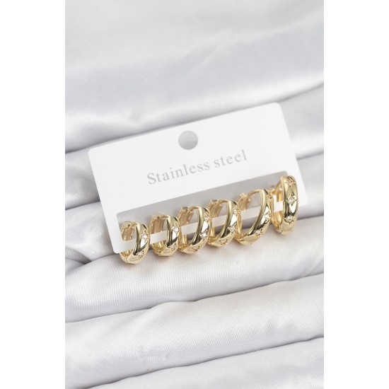 316L Çelik Gold Renk Zirkon Taşlı Kutup Yıldızı Model Halka Küpe Seti - TJ-BKP11530
