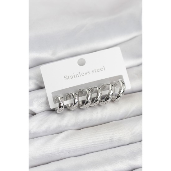 316L Çelik Gümüş Renk Zirkon Taşlı Kutup Yıldızı Model Halka Küpe Seti - TJ-BKP11531