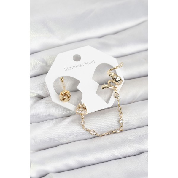 Pirinç Gold Renk Yılan Model Zincir Bağlantılı Ear Cuff Küpe Seti - TJ-BKP11532