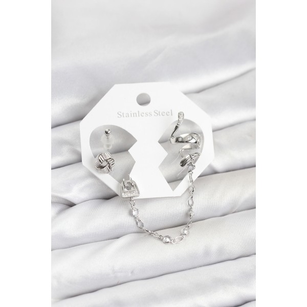 Pirinç Gümüş Renk Yılan Model Zincir Bağlantılı Ear Cuff Küpe Seti - TJ-BKP11533