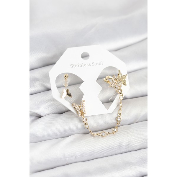 Pirinç Gold Renk Kelebek Model Zincir Bağlantılı Ear Cuff Küpe Seti - TJ-BKP11534
