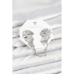Pirinç Gümüş Renk Kelebek Model Zincir Bağlantılı Ear Cuff Küpe Seti TJ-BKP11535