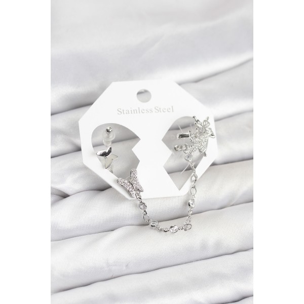 Pirinç Gümüş Renk Kelebek Model Zincir Bağlantılı Ear Cuff Küpe Seti - TJ-BKP11535