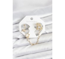 Pirinç Gold Renk Yıldız Model Zincir Bağlantılı Ear Cuff Küpe Seti - TJ-BKP11538