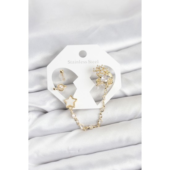 Pirinç Gold Renk Yıldız Model Zincir Bağlantılı Ear Cuff Küpe Seti - TJ-BKP11538