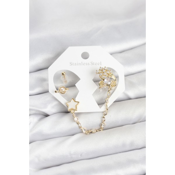 Pirinç Gold Renk Yıldız Model Zincir Bağlantılı Ear Cuff Küpe Seti - TJ-BKP11538