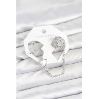 Pirinç Gümüş Renk Yıldız Model Zincir Bağlantılı Ear Cuff Küpe Seti TJ-BKP11539