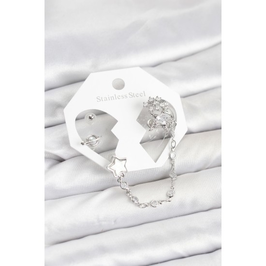 Pirinç Gümüş Renk Yıldız Model Zincir Bağlantılı Ear Cuff Küpe Seti - TJ-BKP11539