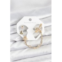Pirinç Gold Renk Yıldızlı Model Zincir Bağlantılı Ear Cuff Küpe Seti TJ-BKP11540
