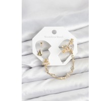 Pirinç Gold Renk Yıldızlı Model Zincir Bağlantılı Ear Cuff Küpe Seti - TJ-BKP11540