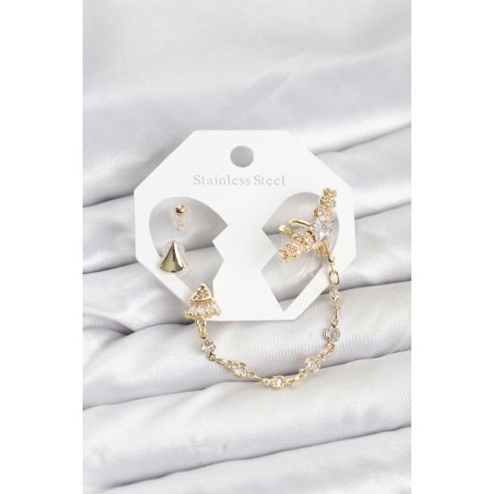 Pirinç Gold Renk Yıldızlı Model Zincir Bağlantılı Ear Cuff Küpe Seti - TJ-BKP11540