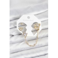Pirinç Gold Renk Kalp Model Zincir Bağlantılı Ear Cuff Küpe Seti TJ-BKP11541