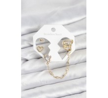 Pirinç Gold Renk Kalp Model Zincir Bağlantılı Ear Cuff Küpe Seti - TJ-BKP11541