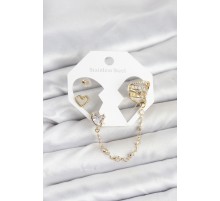 Pirinç Gold Renk Kalp Model Zincir Bağlantılı Ear Cuff Küpe Seti - TJ-BKP11541