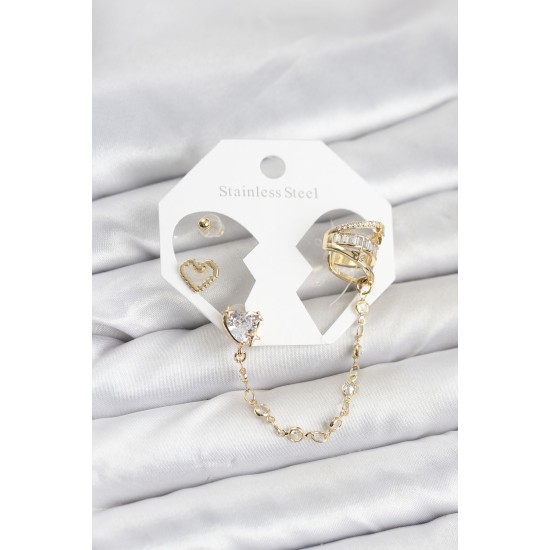 Pirinç Gold Renk Kalp Model Zincir Bağlantılı Ear Cuff Küpe Seti - TJ-BKP11541