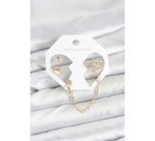 Pirinç Gold Renk Uzay Model Zincir Bağlantılı Ear Cuff Küpe Seti - TJ-BKP11542