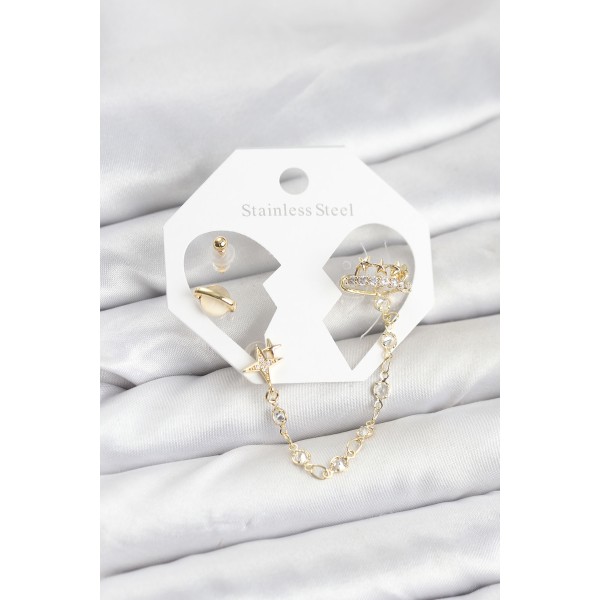 Pirinç Gold Renk Uzay Model Zincir Bağlantılı Ear Cuff Küpe Seti - TJ-BKP11542