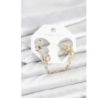 Pirinç Gold Renk Kelebekli Model Zincir Bağlantılı Ear Cuff Küpe Seti - TJ-BKP11543
