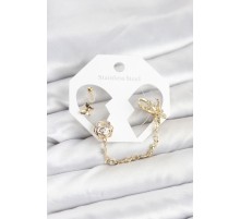 Pirinç Gold Renk Kelebekli Model Zincir Bağlantılı Ear Cuff Küpe Seti - TJ-BKP11543