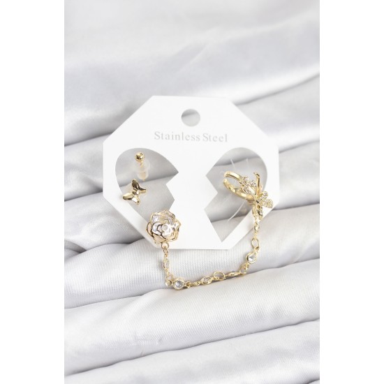 Pirinç Gold Renk Kelebekli Model Zincir Bağlantılı Ear Cuff Küpe Seti - TJ-BKP11543