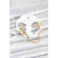 Kelebekli Model Pirinç Gold Renk Zincir Bağlantılı Ear Cuff Küpe Seti TJ-BKP11544