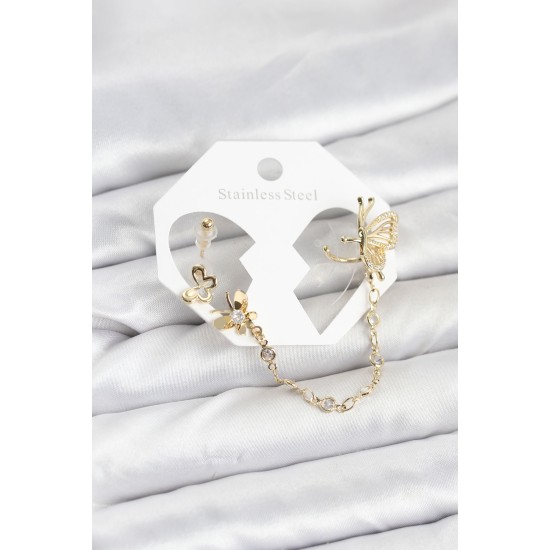 Kelebekli Model Pirinç Gold Renk Zincir Bağlantılı Ear Cuff Küpe Seti - TJ-BKP11544
