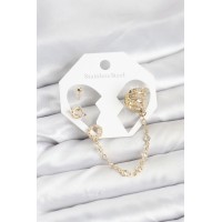 Uzay Model Pirinç Gold Renk Zincir Bağlantılı Ear Cuff Küpe Seti TJ-BKP11546