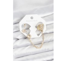 Uzay Model Pirinç Gold Renk Zincir Bağlantılı Ear Cuff Küpe Seti - TJ-BKP11546