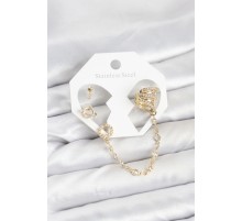 Uzay Model Pirinç Gold Renk Zincir Bağlantılı Ear Cuff Küpe Seti - TJ-BKP11546