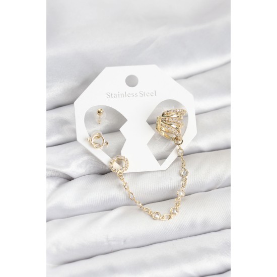 Uzay Model Pirinç Gold Renk Zincir Bağlantılı Ear Cuff Küpe Seti - TJ-BKP11546