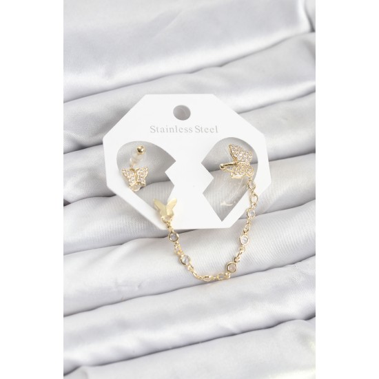 Kelebek Model Pirinç Gold Renk Zincir Bağlantılı Ear Cuff Küpe Seti - TJ-BKP11548