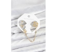 Kiraz Model Pirinç Gold Renk Zincir Bağlantılı Ear Cuff Küpe Seti - TJ-BKP11549