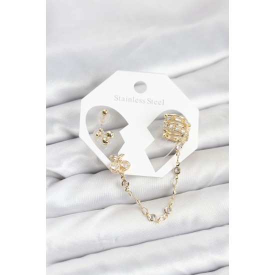 Kiraz Model Pirinç Gold Renk Zincir Bağlantılı Ear Cuff Küpe Seti - TJ-BKP11549