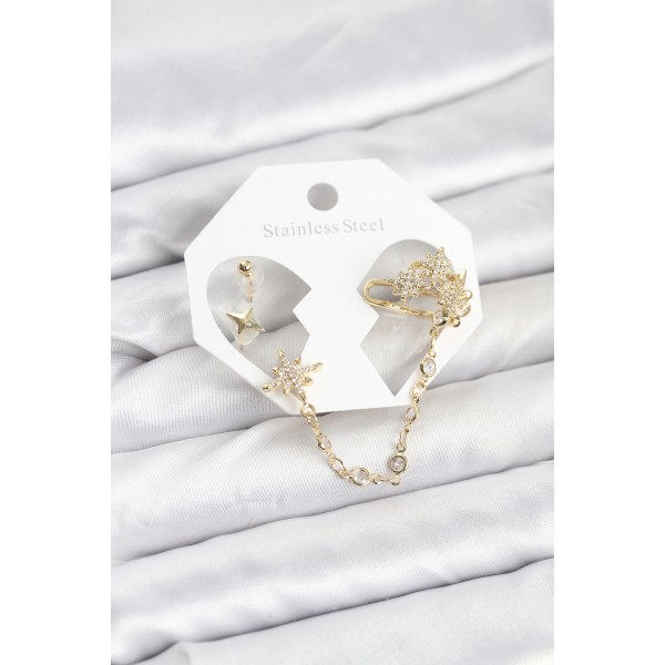 Kutup Yıldızı Model Pirinç Gold Renk Zincir Bağlantılı Ear Cuff Küpe Seti - TJ-BKP11550